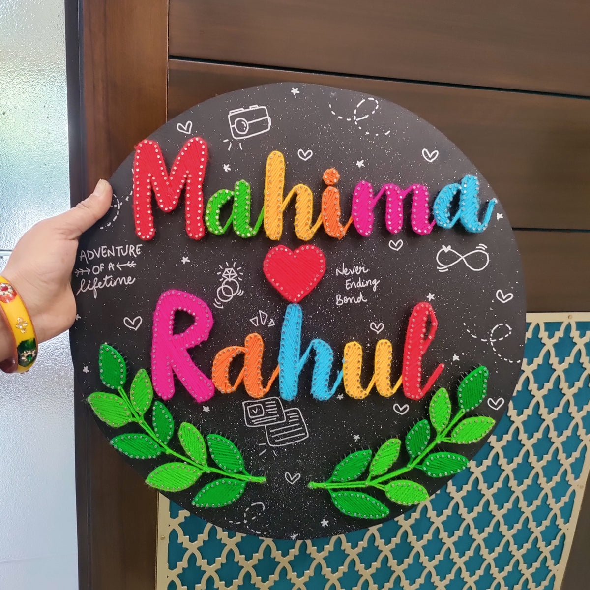 Mahima Love Rahul: A Beautiful String Art with Heart and Leaves