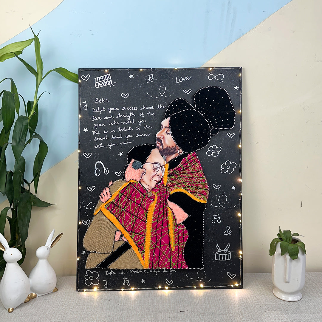 Custom Mother-Son Tribute String Art – Iconic Diljit Dosanjh & Bebe Portrait