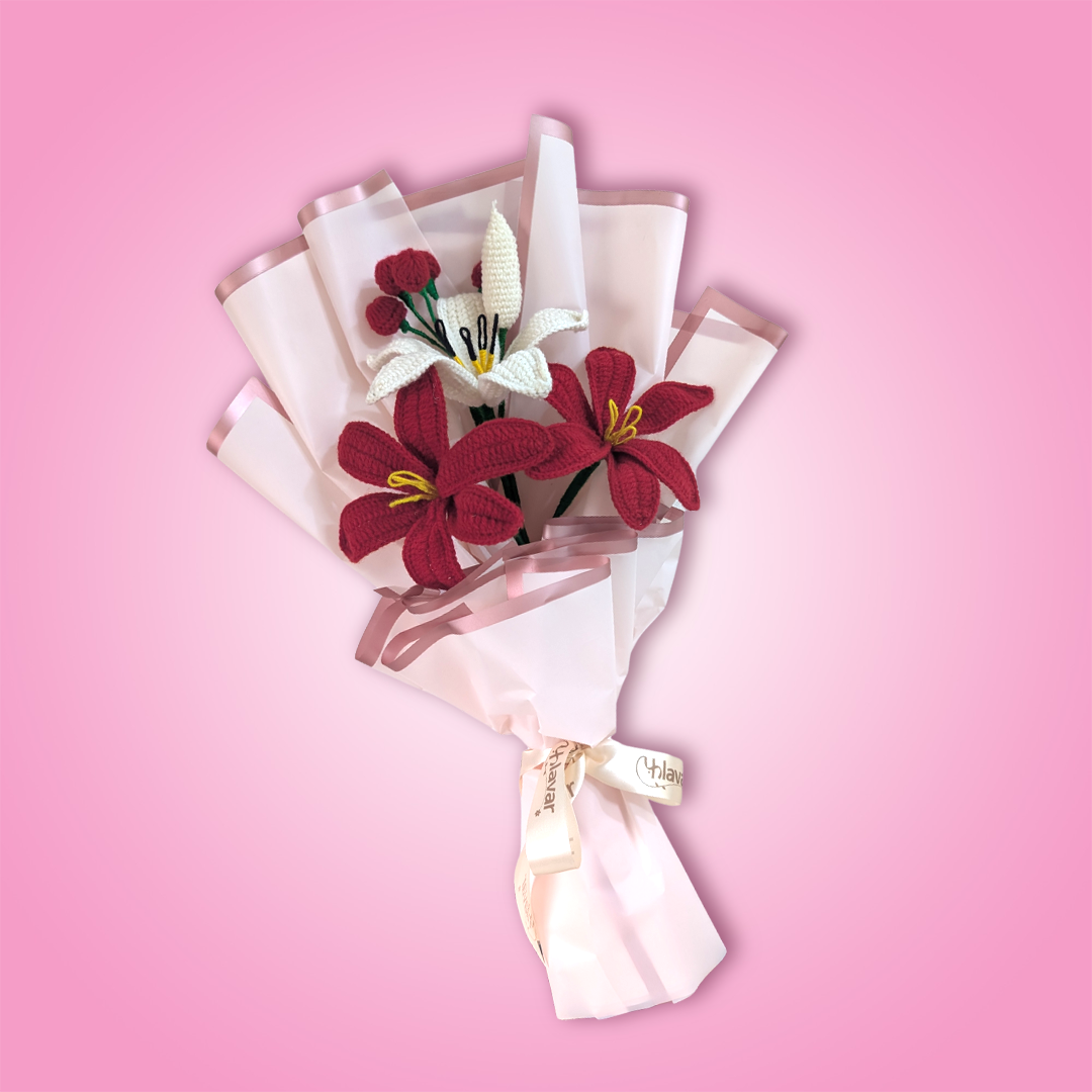 Red & White Crochet Lily Bouquet